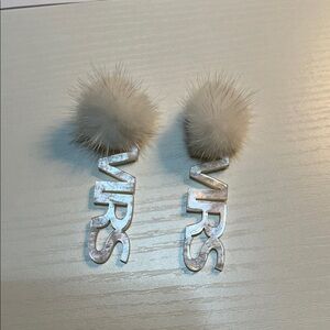 Taylor Shaye Designs Mrs. Wedding White Acrylic Earrings with White Puff Ball